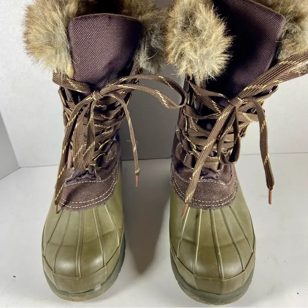 Bearpaw women Snow Boots‎ 6 Faux Fur Trim Duck Boots Lace Up Brown Olive 6M